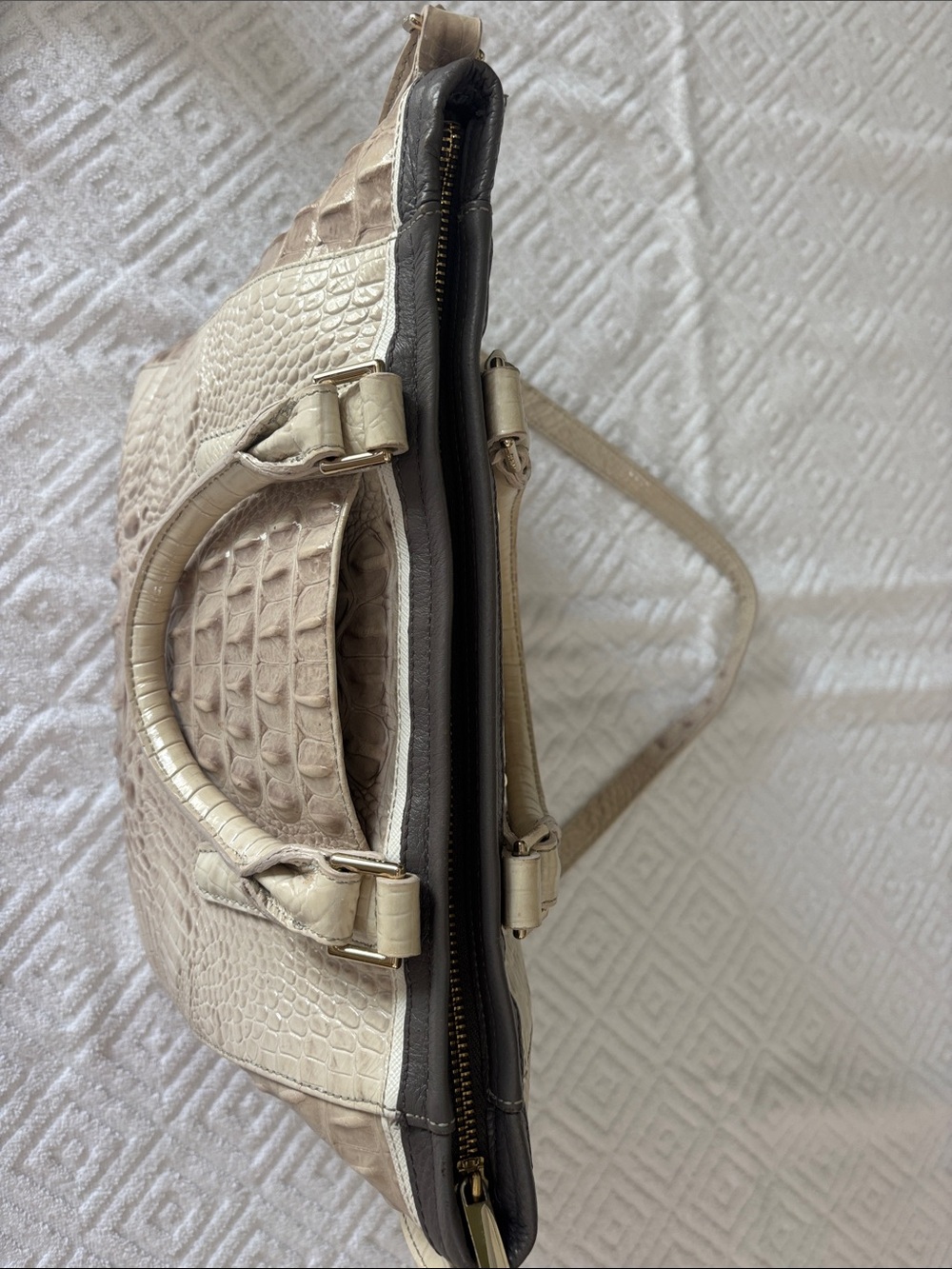 Brahmin Cream Croc-Embossed Satchel with Gray Trim - Picture 3 of 9